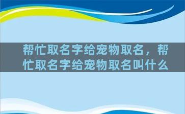 帮忙取名字给宠物取名，帮忙取名字给宠物取名叫什么